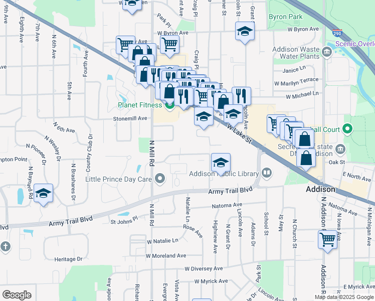map of restaurants, bars, coffee shops, grocery stores, and more near 440 Stevens Drive in Addison