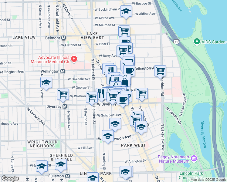 map of restaurants, bars, coffee shops, grocery stores, and more near 2848 North Orchard Street in Chicago