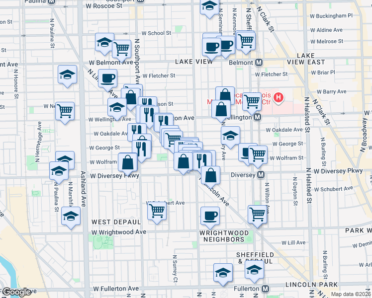 map of restaurants, bars, coffee shops, grocery stores, and more near 1219 West George Street in Chicago