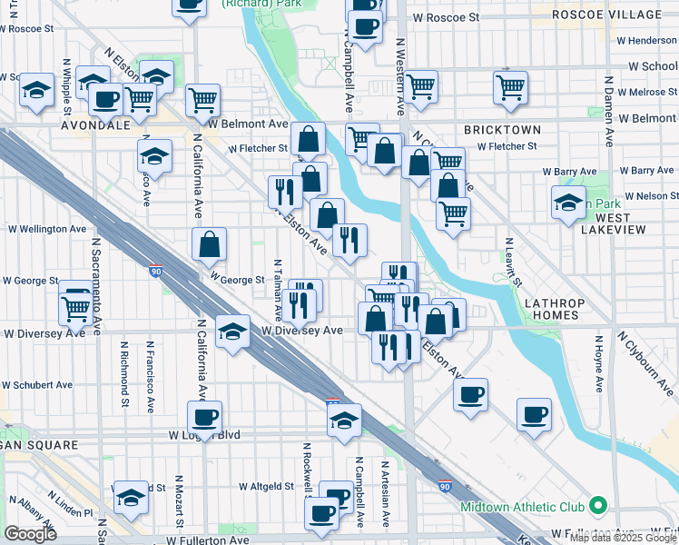 map of restaurants, bars, coffee shops, grocery stores, and more near 2914 North Elston Avenue in Chicago
