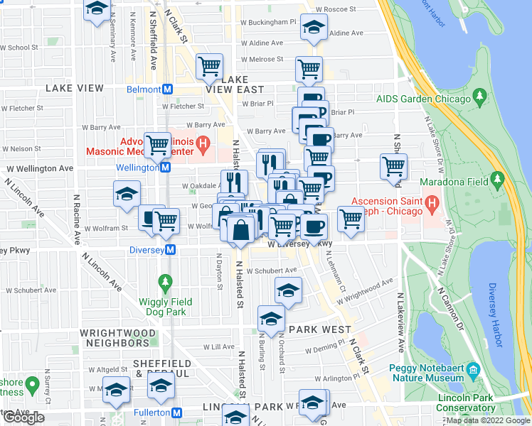 map of restaurants, bars, coffee shops, grocery stores, and more near 2842 North Burling Street in Chicago