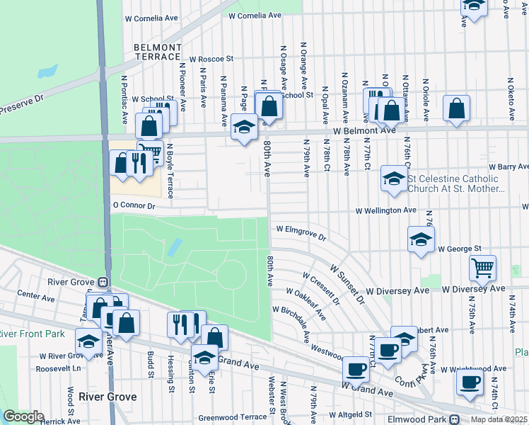 map of restaurants, bars, coffee shops, grocery stores, and more near 8005 Oconnor Drive in River Grove