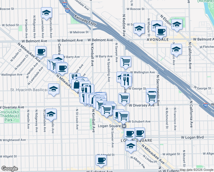 map of restaurants, bars, coffee shops, grocery stores, and more near 2868 North Woodard Street in Chicago