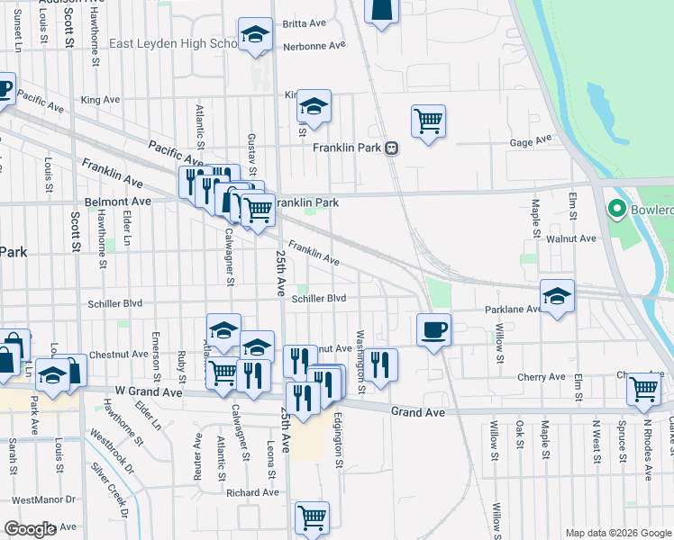map of restaurants, bars, coffee shops, grocery stores, and more near 3025 Edgington Street in Franklin Park