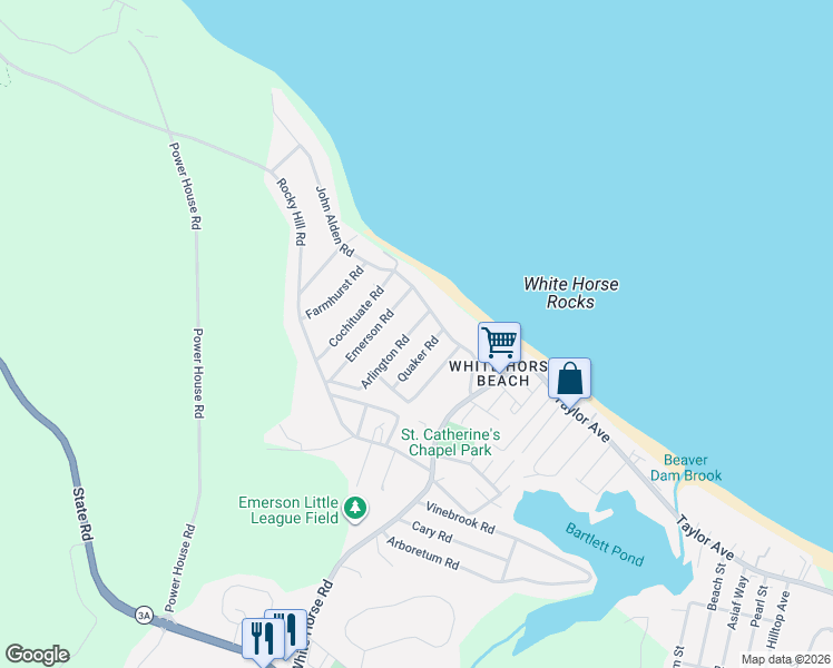 map of restaurants, bars, coffee shops, grocery stores, and more near 47 Arlington Road in Plymouth