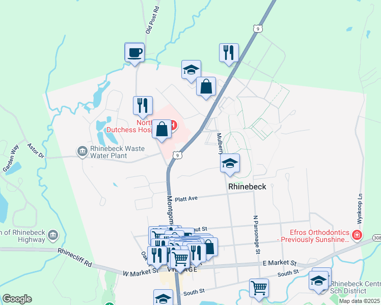 map of restaurants, bars, coffee shops, grocery stores, and more near 6518 Spring Brook Avenue in Rhinebeck