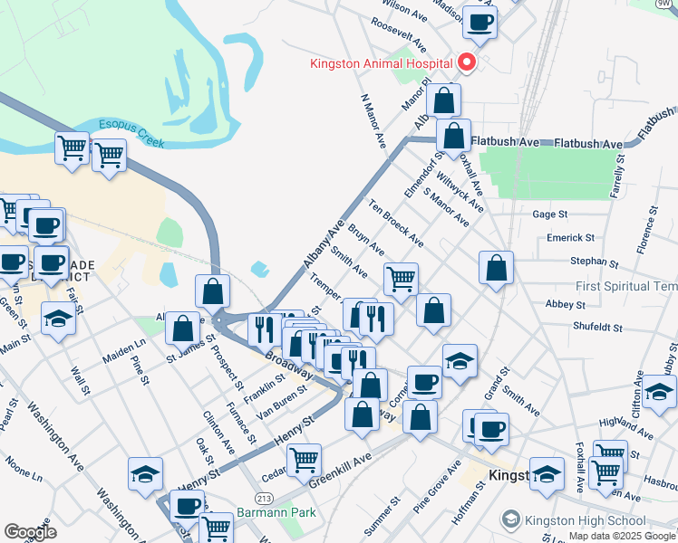 map of restaurants, bars, coffee shops, grocery stores, and more near 99 Elmendorf Street in Kingston