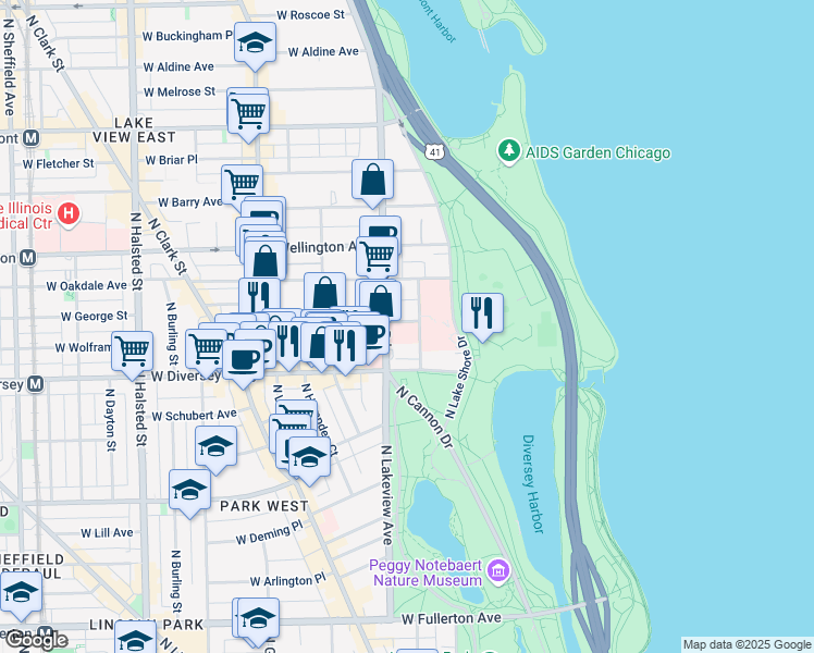 map of restaurants, bars, coffee shops, grocery stores, and more near 2845 North Sheridan Road in Chicago