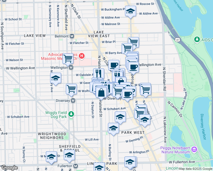 map of restaurants, bars, coffee shops, grocery stores, and more near 2842 North Burling Street in Chicago