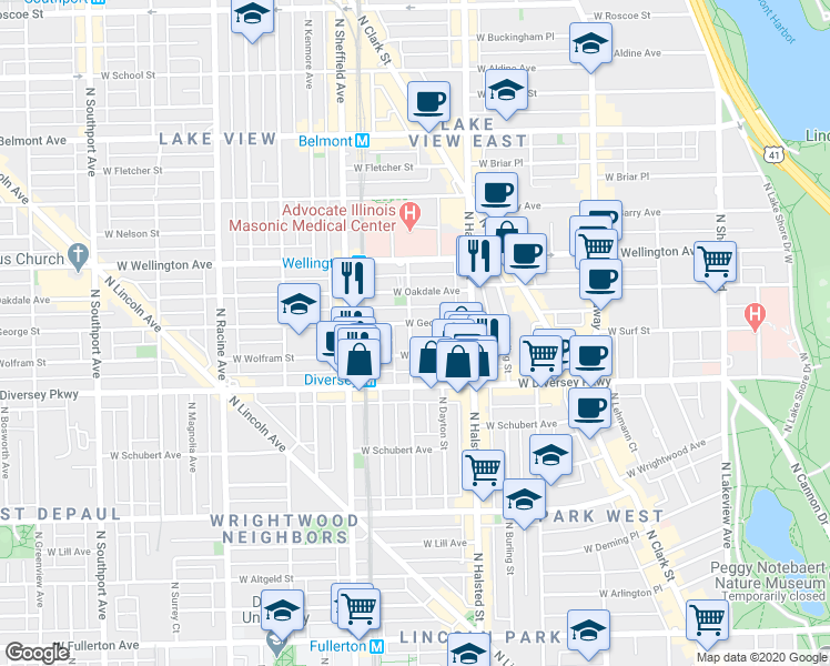 map of restaurants, bars, coffee shops, grocery stores, and more near in Chicago