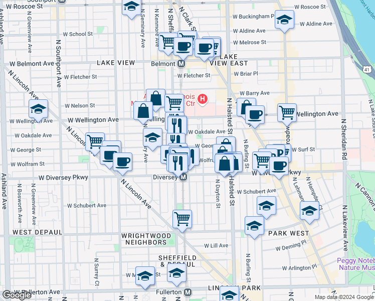 map of restaurants, bars, coffee shops, grocery stores, and more near 924 West Wolfram Street in Chicago