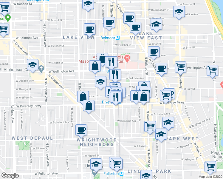 map of restaurants, bars, coffee shops, grocery stores, and more near 2844 North Sheffield Avenue in Chicago