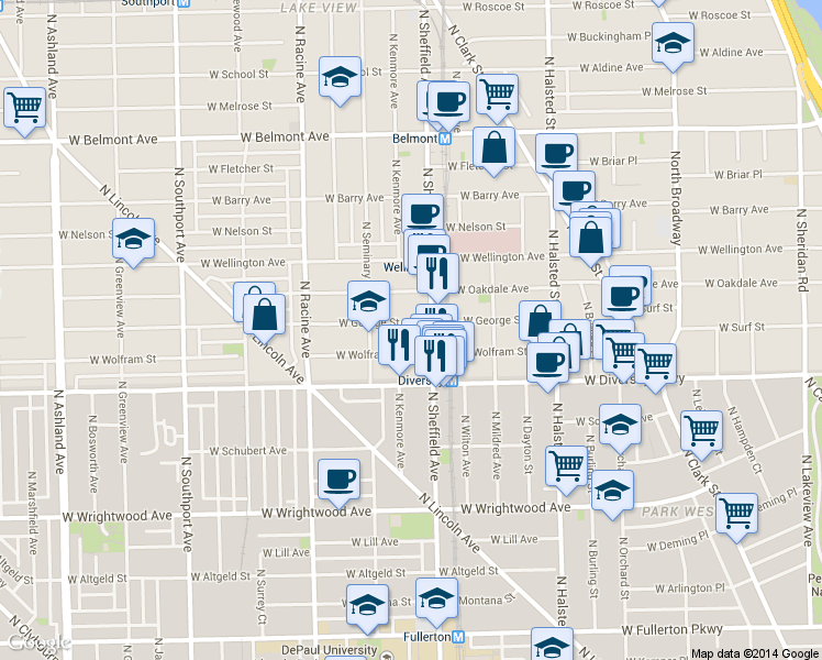 map of restaurants, bars, coffee shops, grocery stores, and more near 2844 North Sheffield Avenue in Chicago