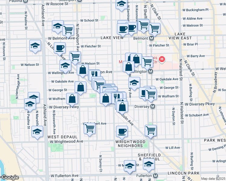 map of restaurants, bars, coffee shops, grocery stores, and more near 2849 North Racine Avenue in Chicago