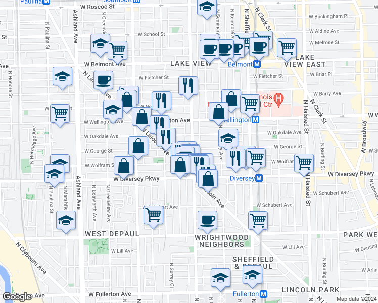 map of restaurants, bars, coffee shops, grocery stores, and more near 2849 North Racine Avenue in Chicago