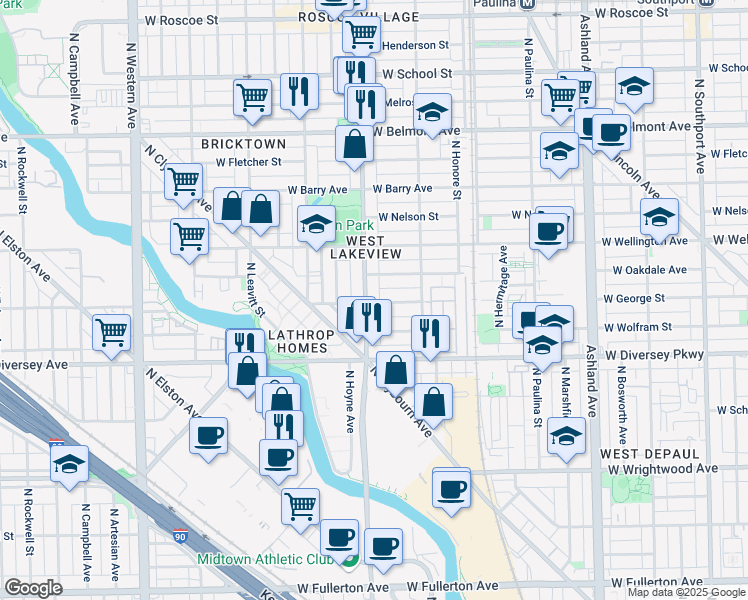 map of restaurants, bars, coffee shops, grocery stores, and more near 2857 North Damen Avenue in Chicago