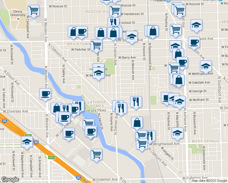 map of restaurants, bars, coffee shops, grocery stores, and more near 2857 North Damen Avenue in Chicago