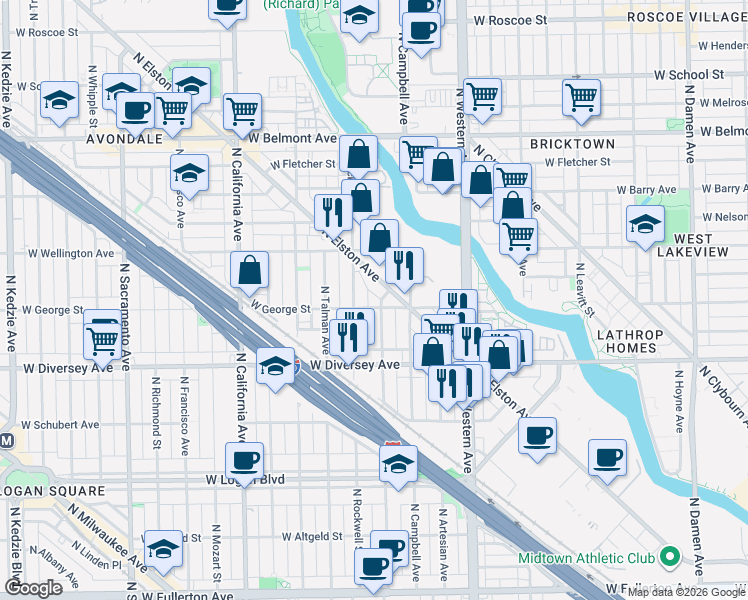 map of restaurants, bars, coffee shops, grocery stores, and more near 2526 West George Street in Chicago