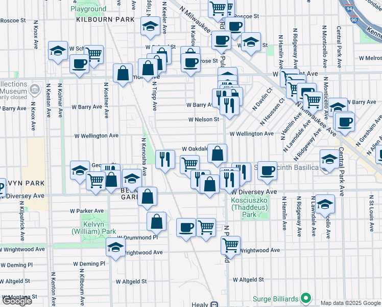 map of restaurants, bars, coffee shops, grocery stores, and more near 4125 West Oakdale Avenue in Chicago