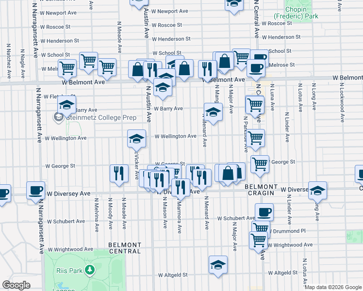map of restaurants, bars, coffee shops, grocery stores, and more near 2934 North Marmora Avenue in Chicago