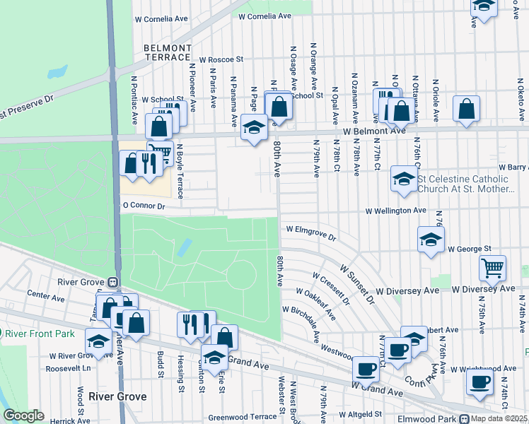 map of restaurants, bars, coffee shops, grocery stores, and more near 8005 Oconnor Drive in River Grove
