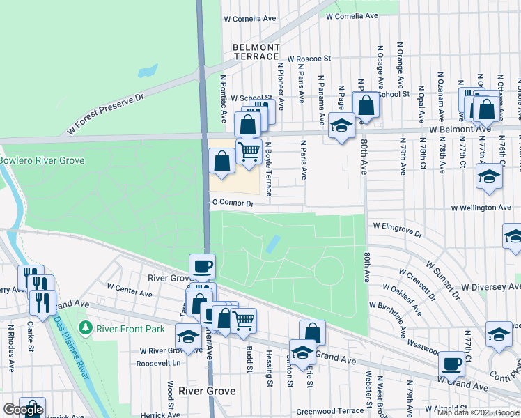 map of restaurants, bars, coffee shops, grocery stores, and more near 8251 Oconnor Drive in River Grove