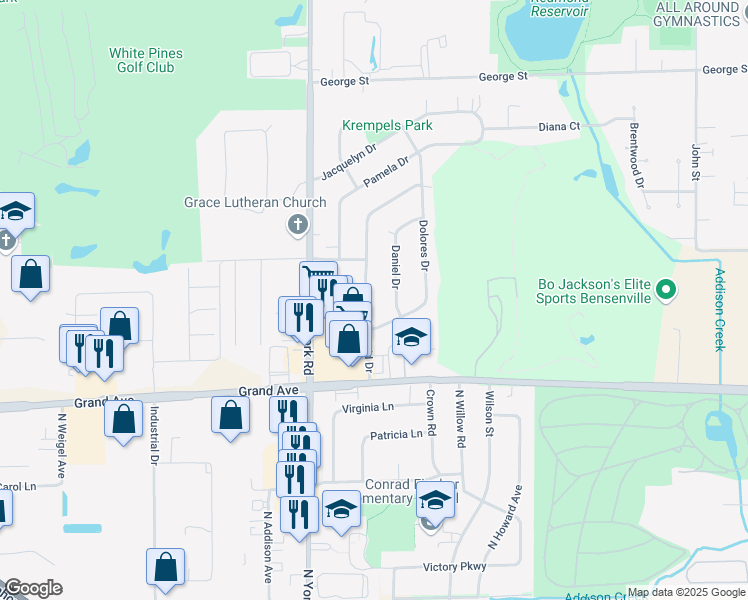 map of restaurants, bars, coffee shops, grocery stores, and more near 1046 David Drive in Bensenville