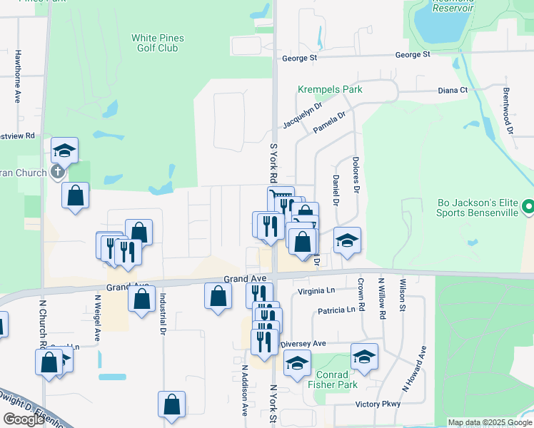 map of restaurants, bars, coffee shops, grocery stores, and more near 1042 South York Road in Bensenville