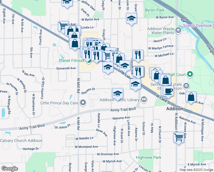 map of restaurants, bars, coffee shops, grocery stores, and more near 414 Highview Avenue in Addison