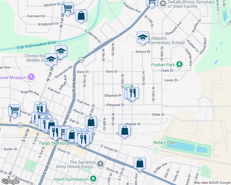 map of restaurants, bars, coffee shops, grocery stores, and more near 925 Shipman Place in DeKalb
