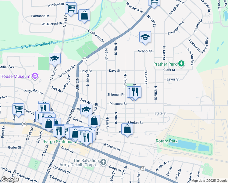 map of restaurants, bars, coffee shops, grocery stores, and more near 817 Shipman Place in DeKalb