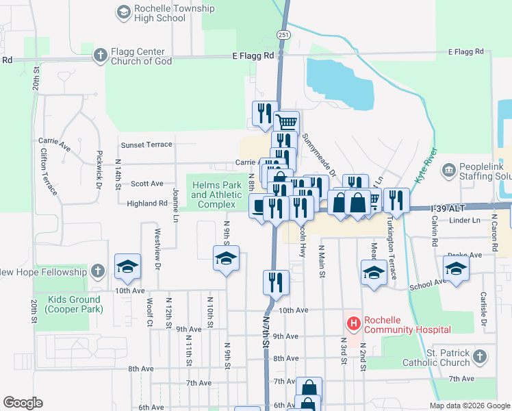 map of restaurants, bars, coffee shops, grocery stores, and more near 703 Jones Road in Rochelle