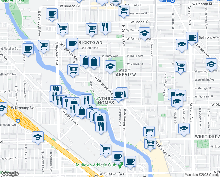 map of restaurants, bars, coffee shops, grocery stores, and more near in Chicago