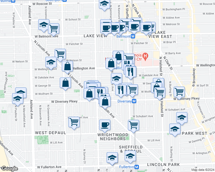 map of restaurants, bars, coffee shops, grocery stores, and more near 1119 West George Street in Chicago