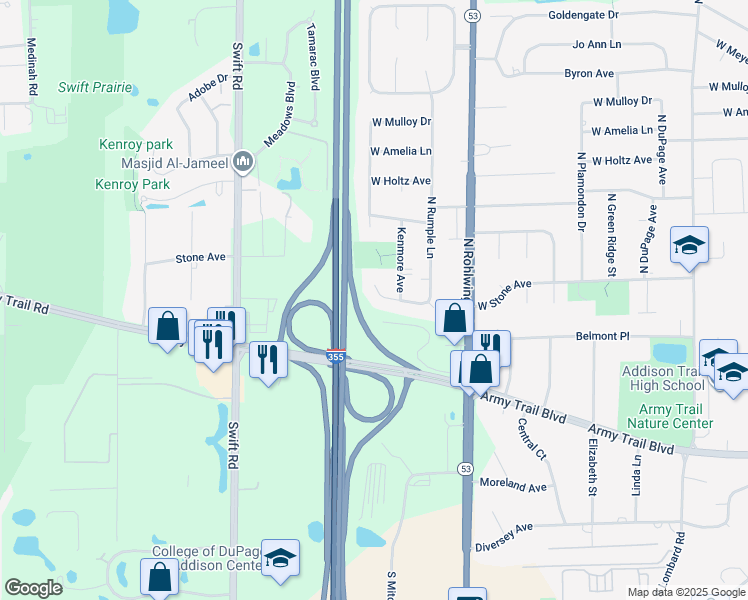 map of restaurants, bars, coffee shops, grocery stores, and more near 1851 West Sherry Lane in Addison