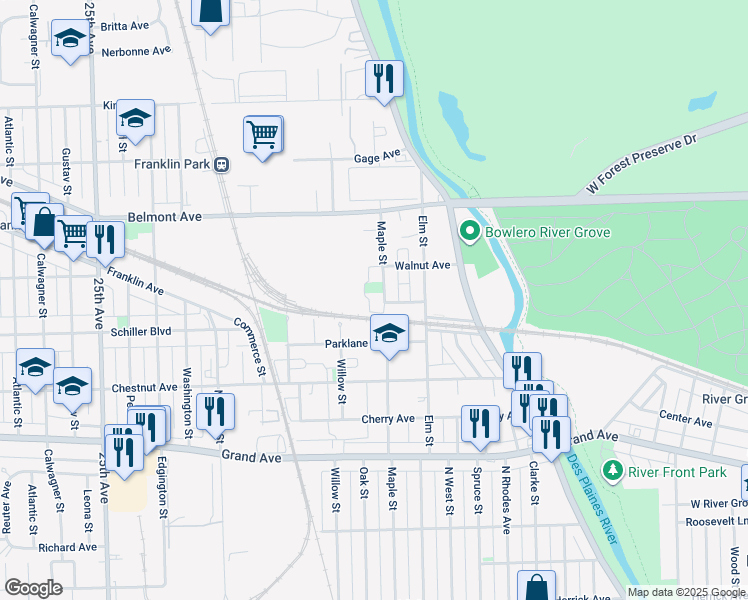 map of restaurants, bars, coffee shops, grocery stores, and more near 3008 Maple Street in Franklin Park