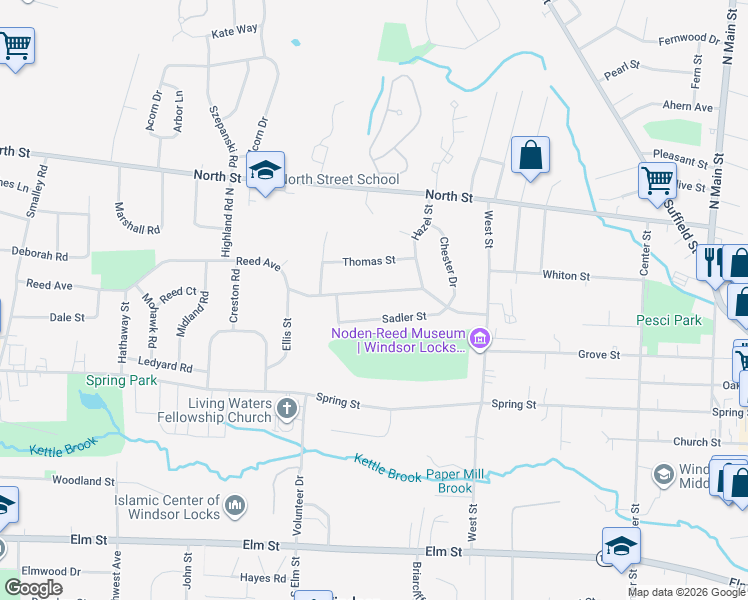 map of restaurants, bars, coffee shops, grocery stores, and more near 49 Sadler Street in Windsor Locks