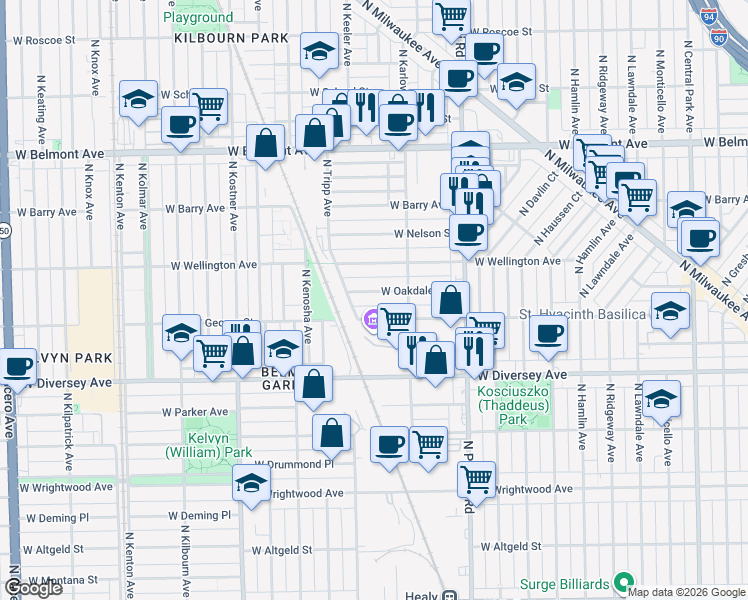 map of restaurants, bars, coffee shops, grocery stores, and more near 4125 West Oakdale Avenue in Chicago