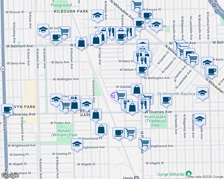 map of restaurants, bars, coffee shops, grocery stores, and more near 4125 West Oakdale Avenue in Chicago