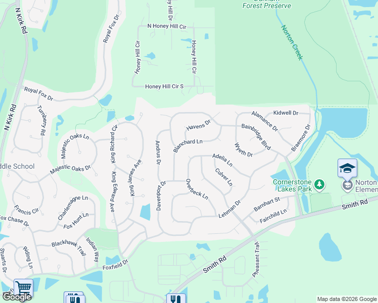 map of restaurants, bars, coffee shops, grocery stores, and more near 2950 Overbeck Lane in West Chicago