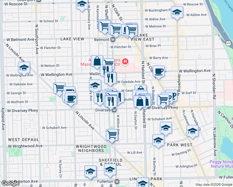 map of restaurants, bars, coffee shops, grocery stores, and more near 924 West Wolfram Street in Chicago