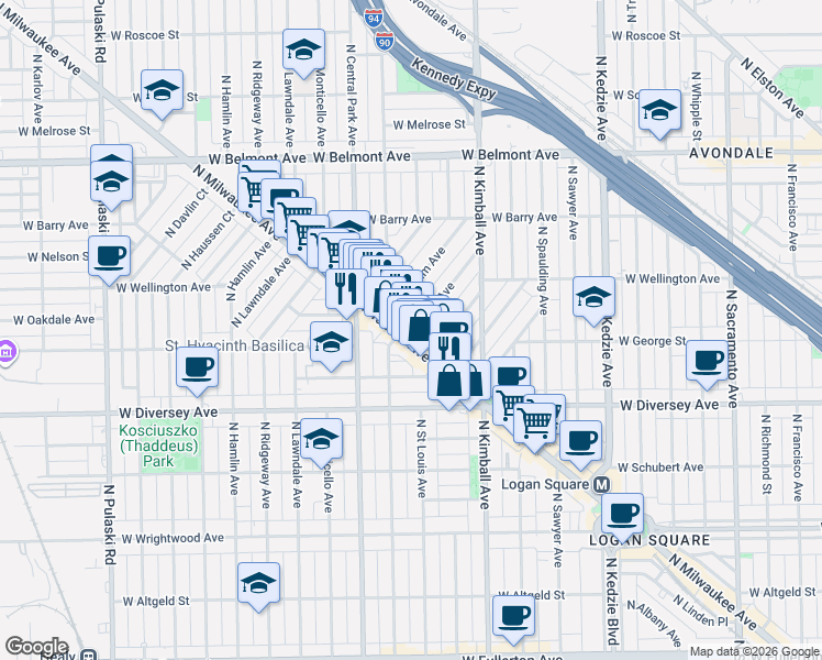 map of restaurants, bars, coffee shops, grocery stores, and more near 2931 North Milwaukee Avenue in Chicago
