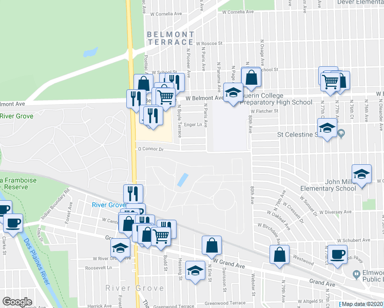 map of restaurants, bars, coffee shops, grocery stores, and more near 8211 Oconnor Drive in River Grove