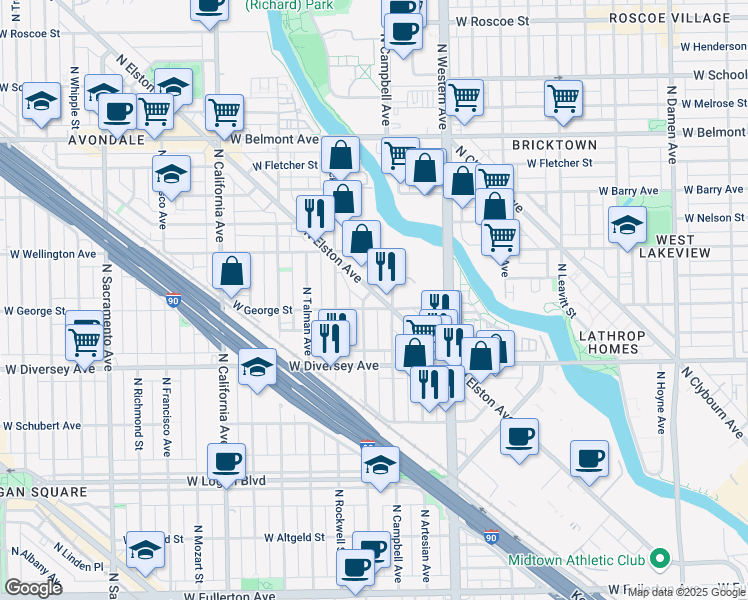 map of restaurants, bars, coffee shops, grocery stores, and more near 2914 North Elston Avenue in Chicago