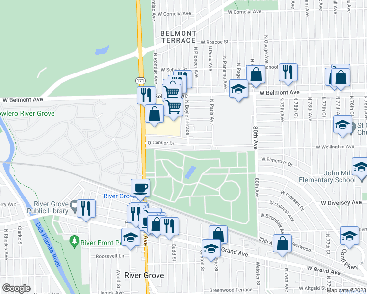 map of restaurants, bars, coffee shops, grocery stores, and more near 8251 Oconnor Drive in River Grove