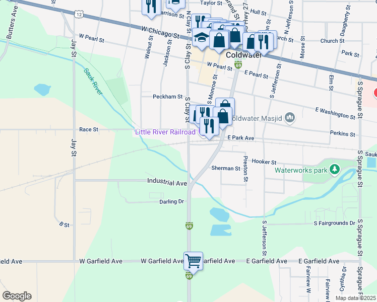 map of restaurants, bars, coffee shops, grocery stores, and more near South Clay Street in Coldwater