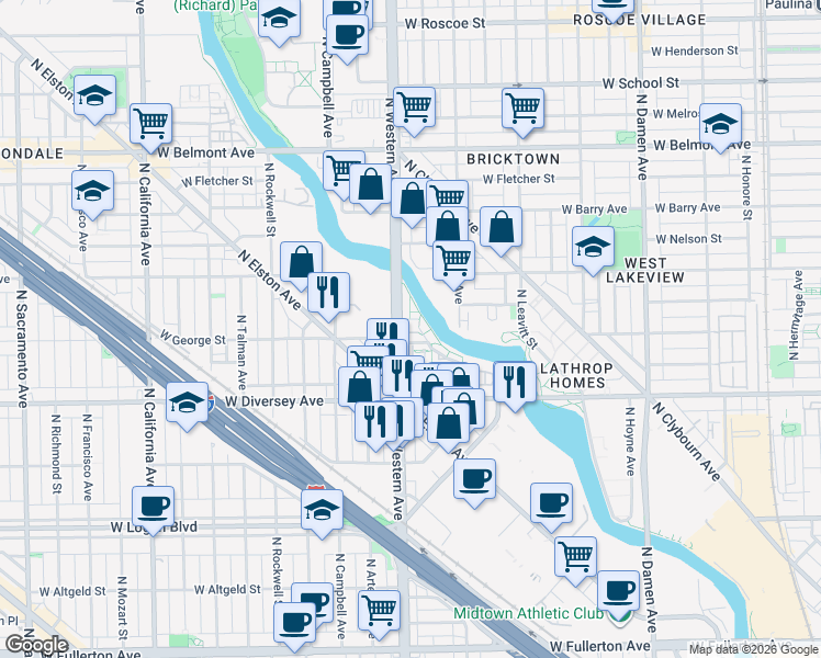 map of restaurants, bars, coffee shops, grocery stores, and more near 2911 North Western Avenue in Chicago