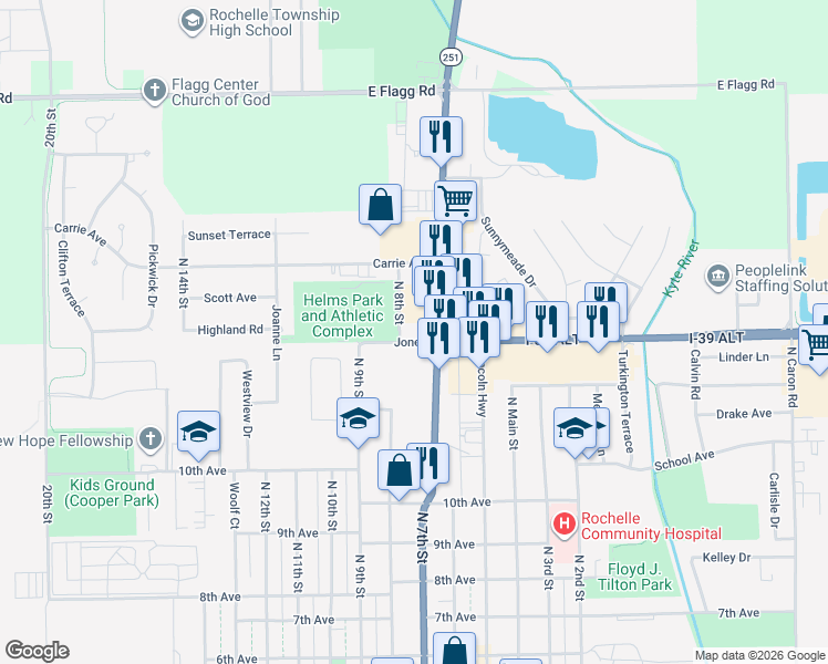 map of restaurants, bars, coffee shops, grocery stores, and more near 703 Jones Road in Rochelle