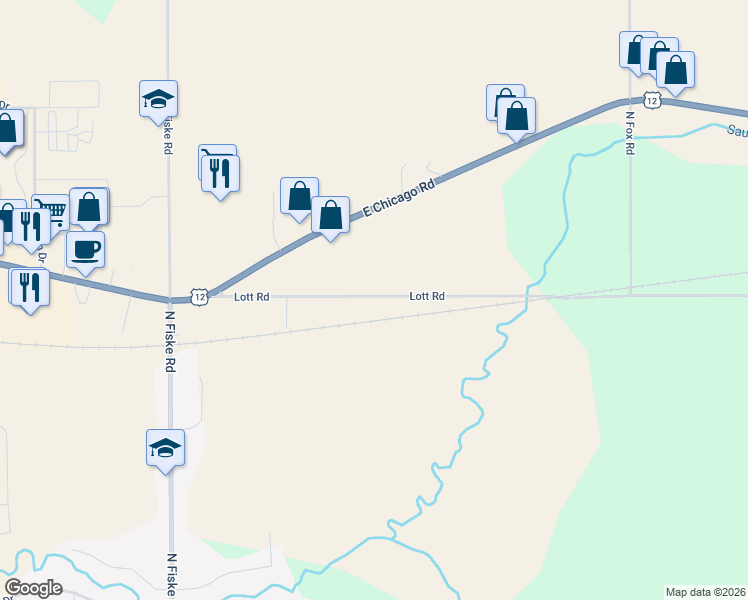 map of restaurants, bars, coffee shops, grocery stores, and more near 651 Lott Road in Coldwater