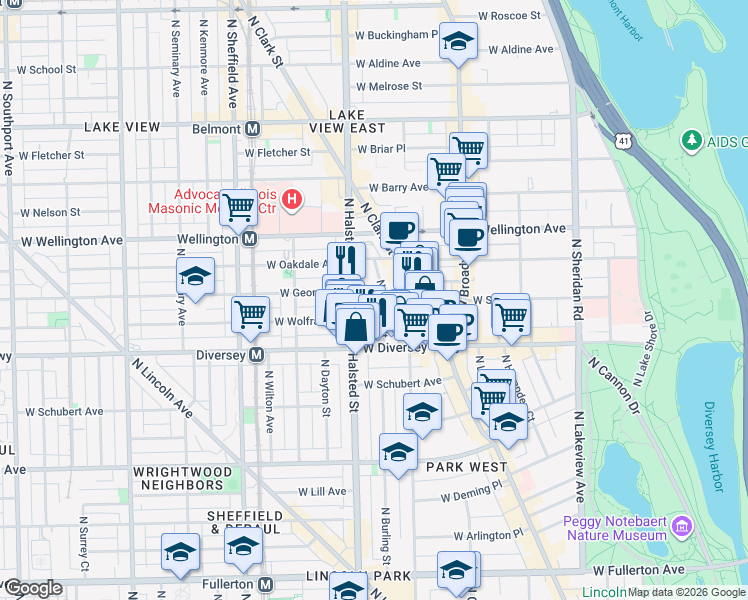 map of restaurants, bars, coffee shops, grocery stores, and more near 2842 North Burling Street in Chicago